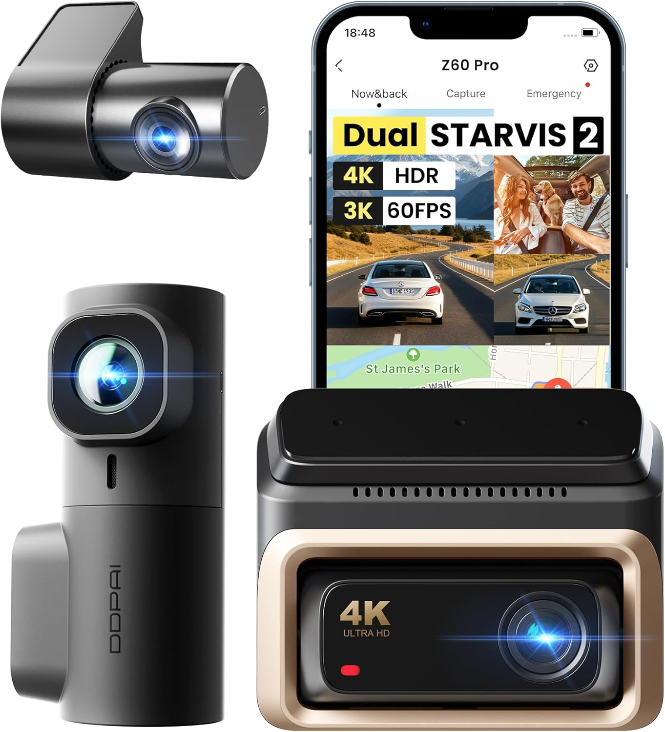 DDPAI Dash Cam 3 Channel Z60 Pro &Pi;link, 4K+1080P+2K Dash Cam, Dual STARVIS 2 Sensors,5G Wifi GPS, Dashcam with Free 32GB Emmc,Night Vision,3" IPS,HDR,ADAS,24H Parking Mode,Loop Recording, G-Sensor image number 5