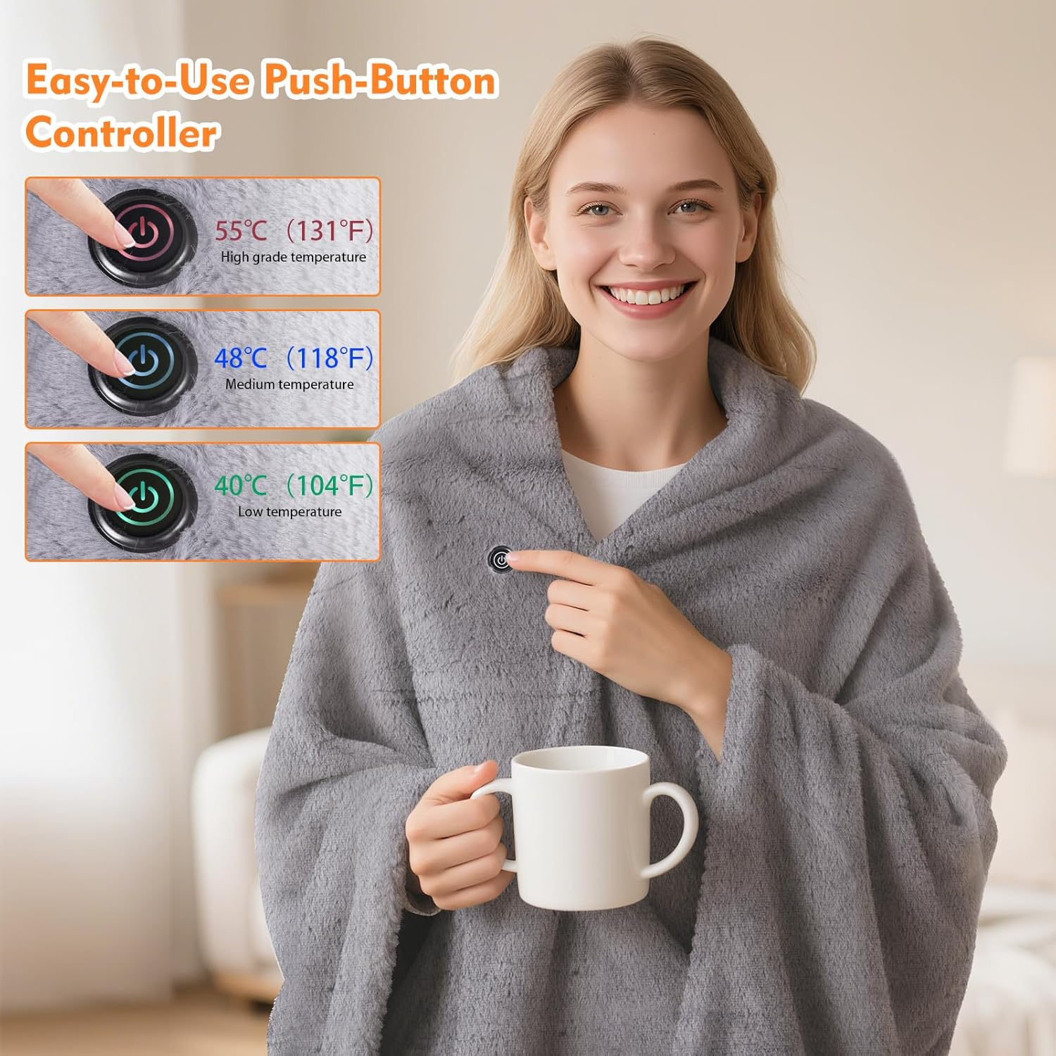 Portable USB Heated Blanket Shawl,2-In-1 Heated Blanket and Shawl,Thickened and Warm Enough Portable Electric Blanket 3 Heating Levels,Heats up to 55 Degrees, Auto-Off,For Home,Office,Camping, Travel image number 6