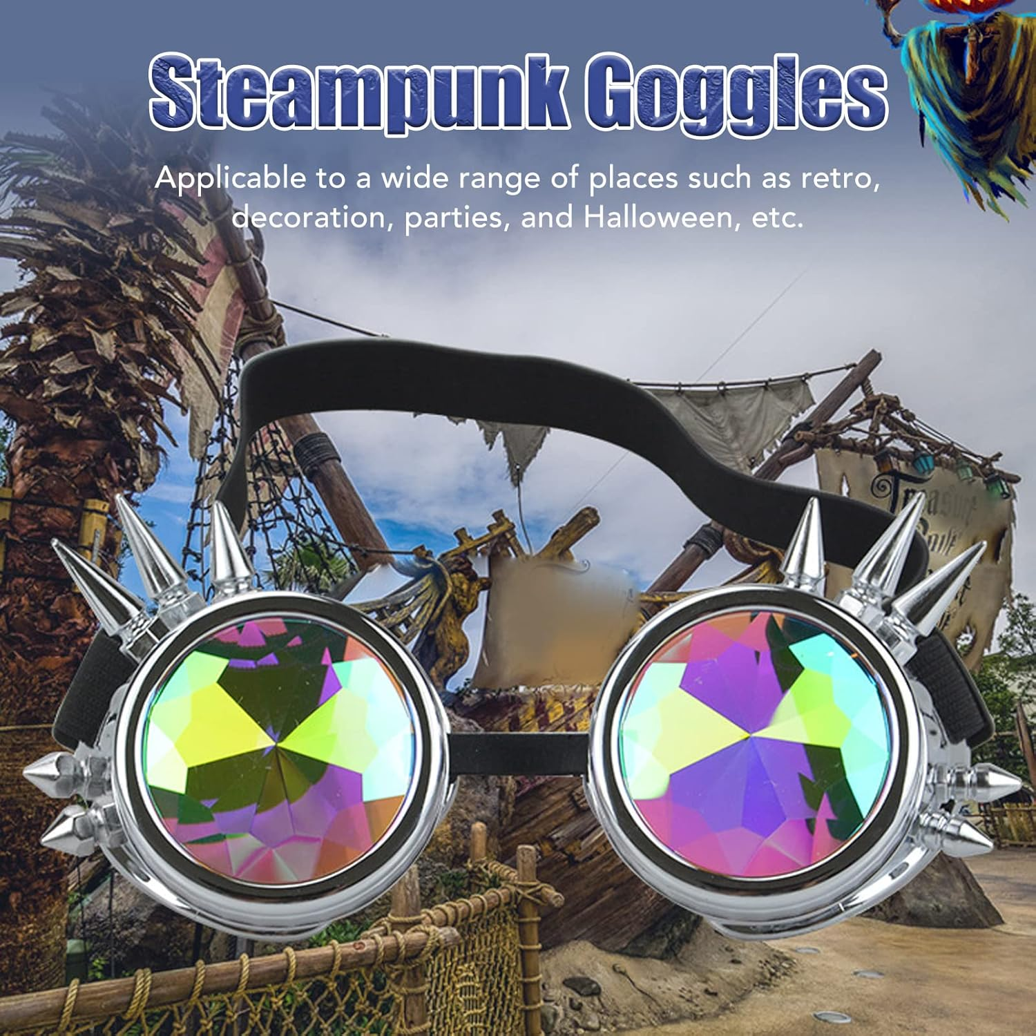 Steampunk Goggles, PC ABS Retro Psychedelic Rave Goggles with Adjustable Elastic Band, Adjustable Nose Rest Kaleidoscope Rave Glasses Festival Accessories for Christmas Halloween (Gloss Silver) - Gloss Silver image number 6