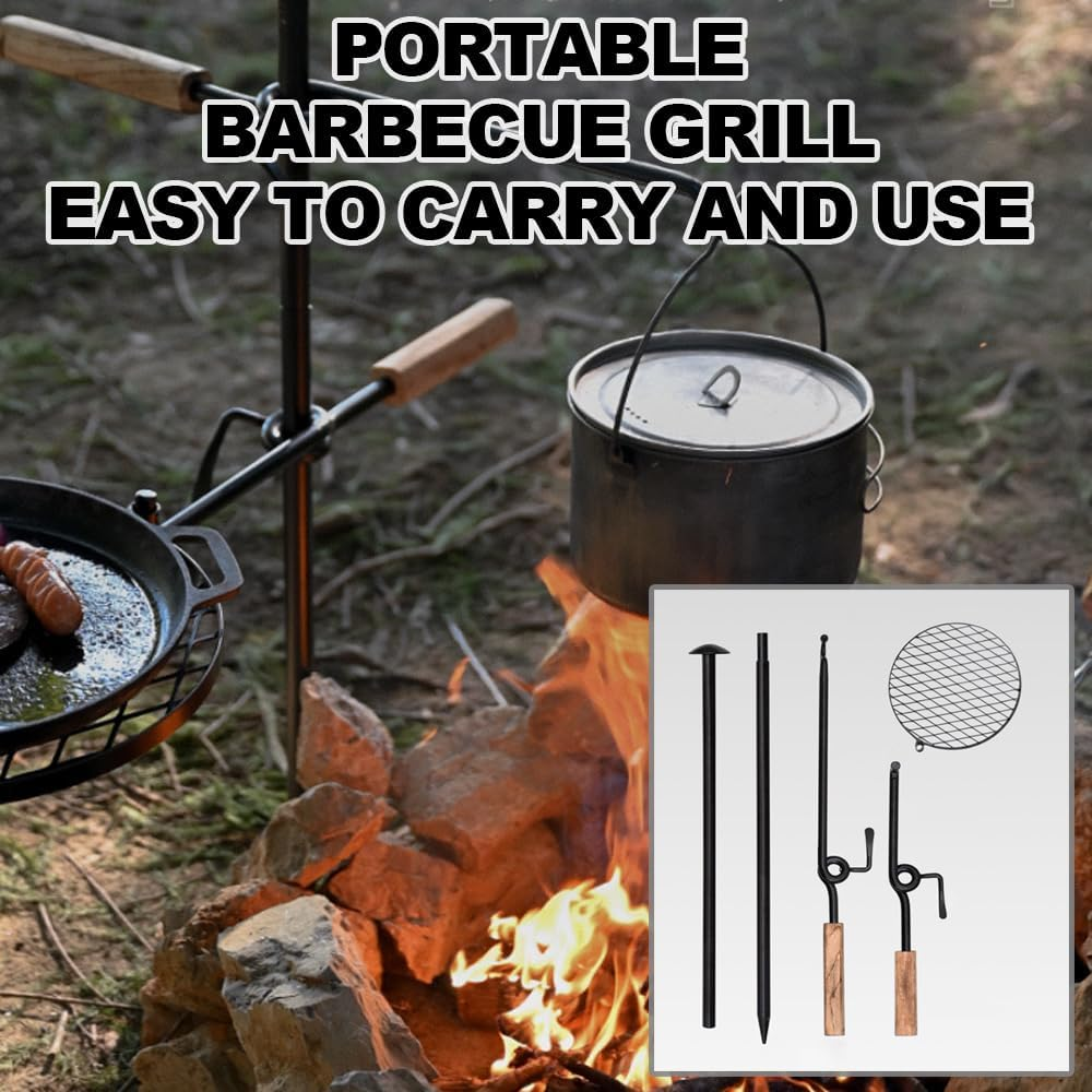 Fire Pit Grill Rack, Portable Fire Pit Grill, Adjustable Rotating Campfire Grill, Open Flame Cooking Equipment, Multifunctional Heavy Duty BBQ Steel Rack for Outdoor Camping, Campfire BBQ image number 3