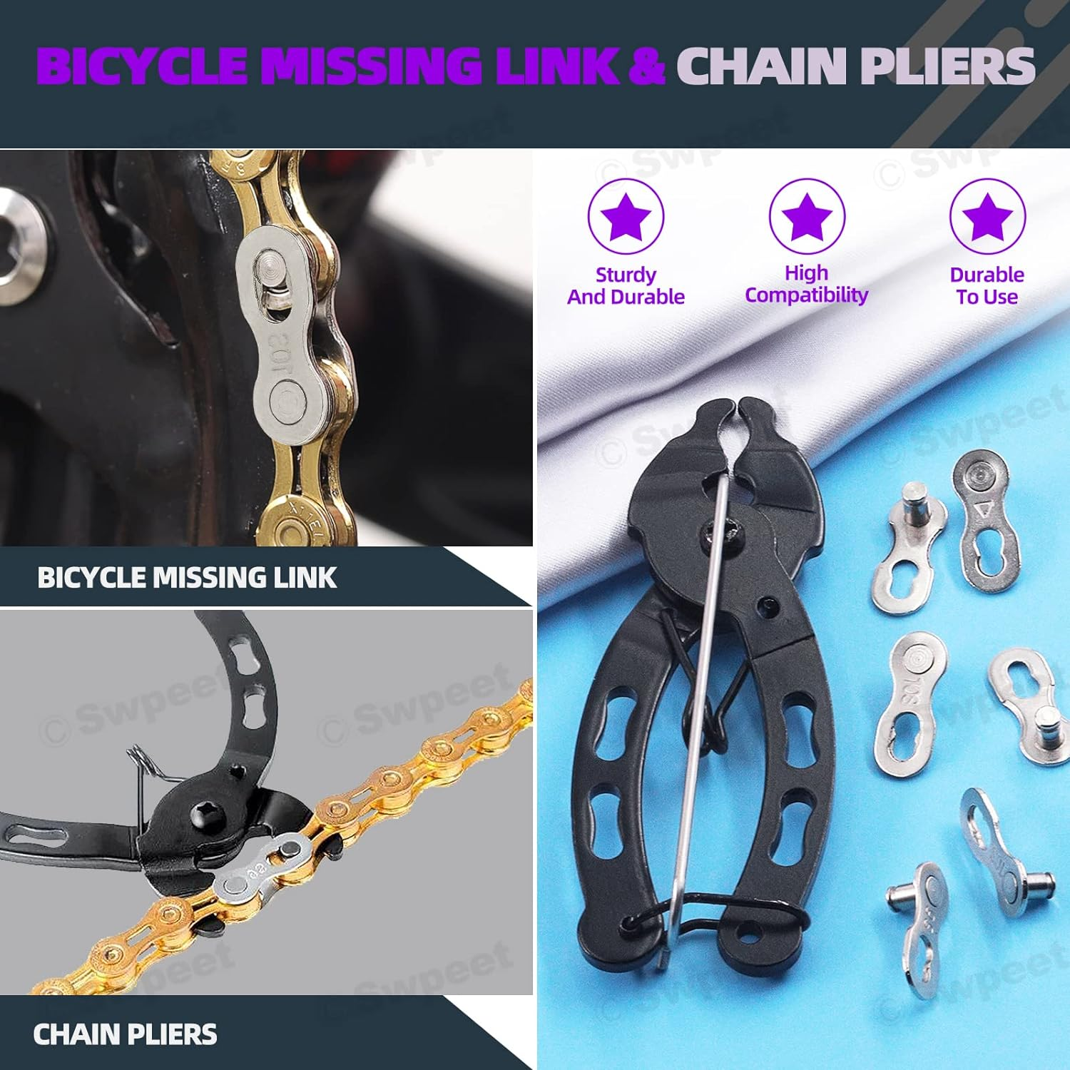 Swpeet 11Pcs Bike Chain Repair Tool Assortment Kit, Including Bike Chain Plier, Bicycle Chain Master Link Pliers, Wear Indicator Chain Checker, Chain Breaker Splitter Tool and Missing Link Connector image number 4