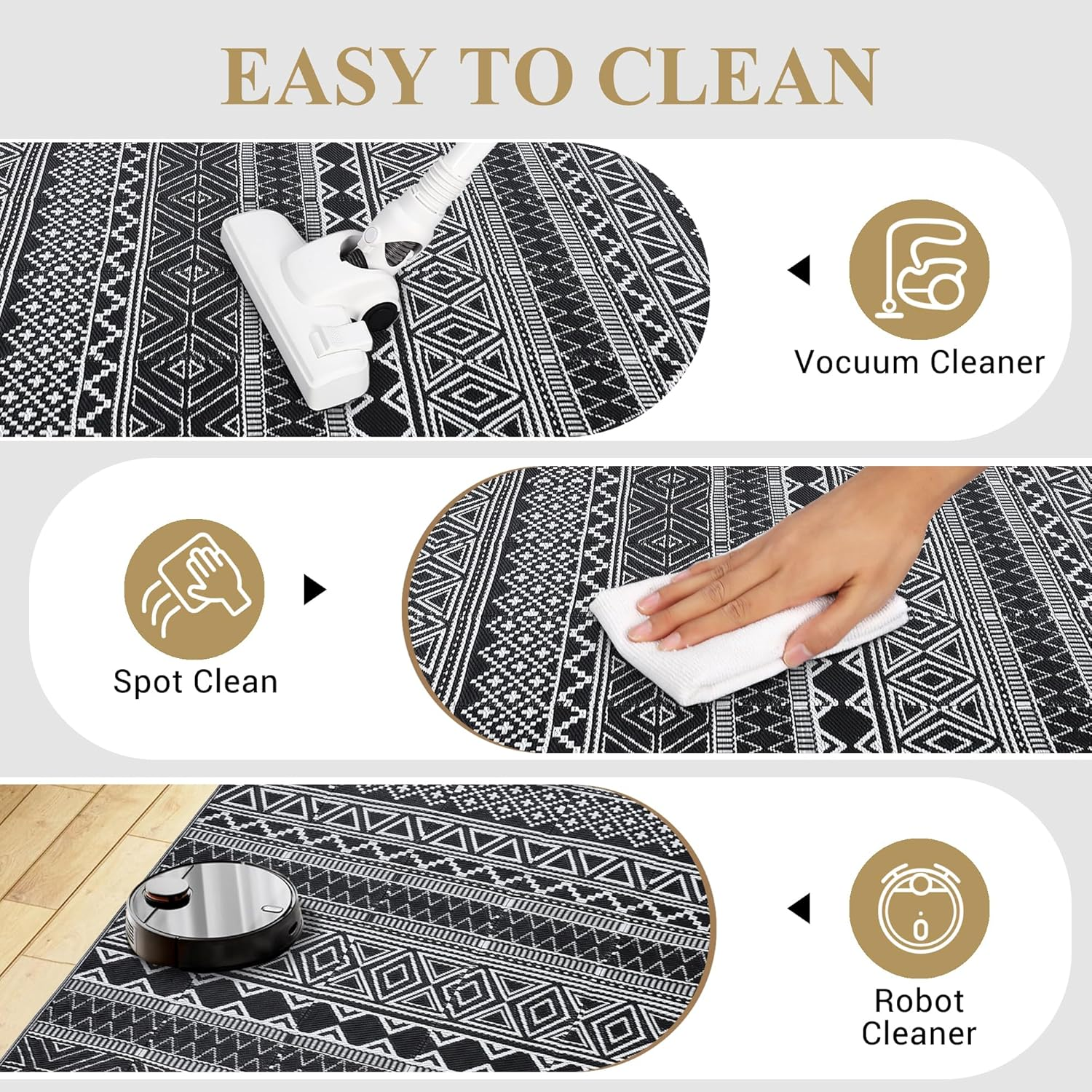 Lintimes Waterproof Outdoor Rug 8X10 Plastic Straw Reversible Rug Large Modern Geometric Floor Mat for Outdoors, UV Resistant Foldable Portable Carpet for RV, Deck, Picnic, Beach, Black & White