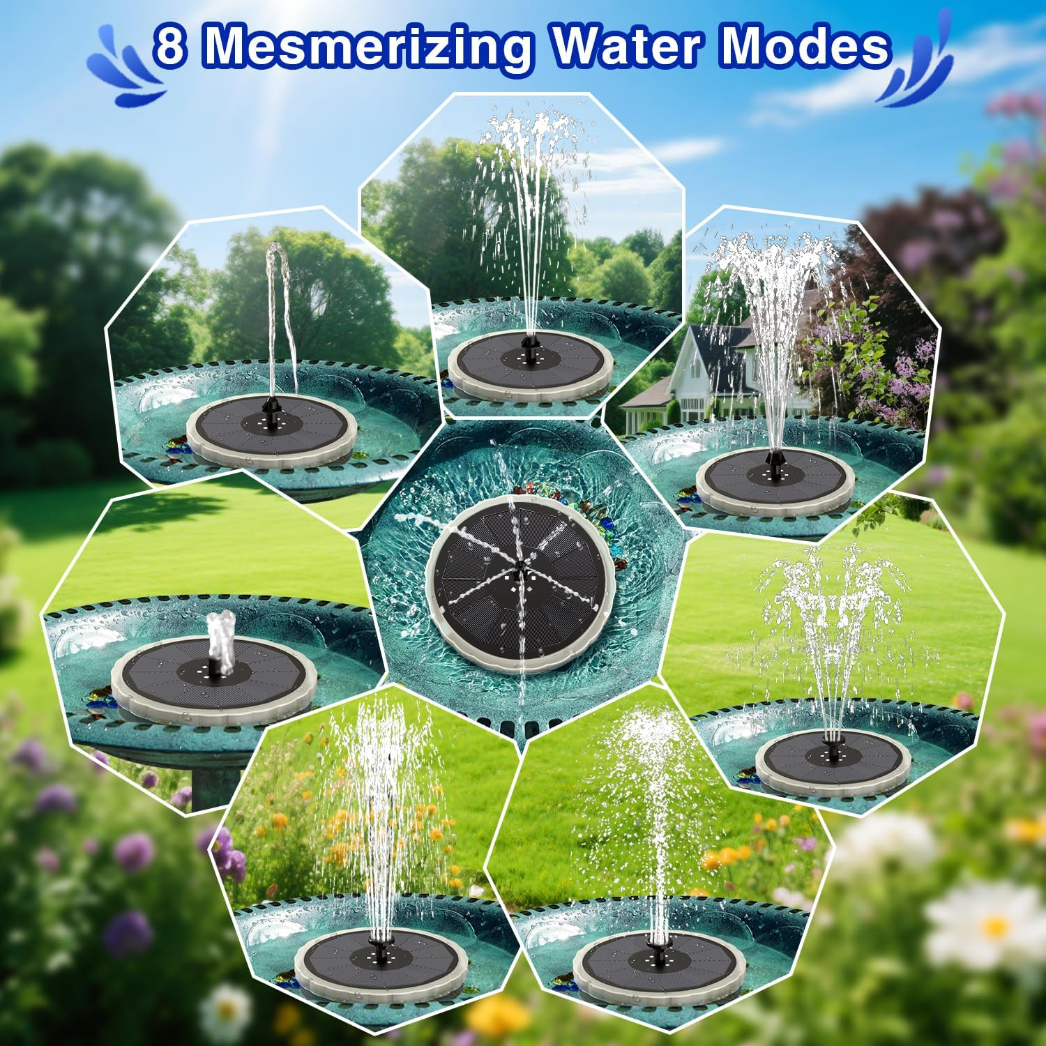SZMP Solar Fountain, 4W Solar Powered Bird Bath Fountains with 4000 Battery, Color LED Lights, Outdoor Water Feature Fountain Pump with 7 Nozzle and 4 Fixers for Garden, Patio, Pond, and Pool image number 2