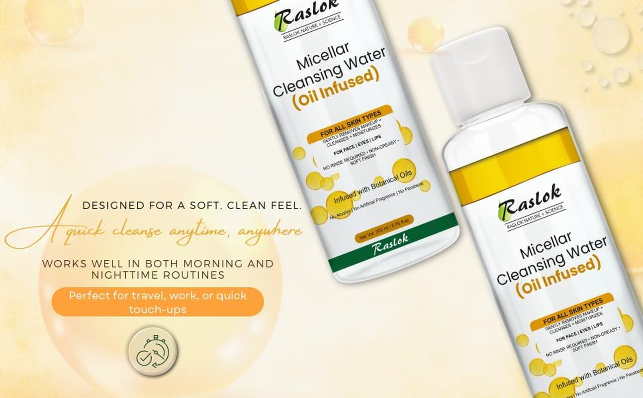 Raslok Micellar Cleansing Water (Oil Infused) &ndash; Gently Removes Makeup, Cleanses & Moisturizes &ndash; for Face, Eyes & Lips &ndash; Alcohol-Free, Paraben-Free &ndash; All Skin Types &ndash; 200Ml / 6.76 Fl.Oz image number 3