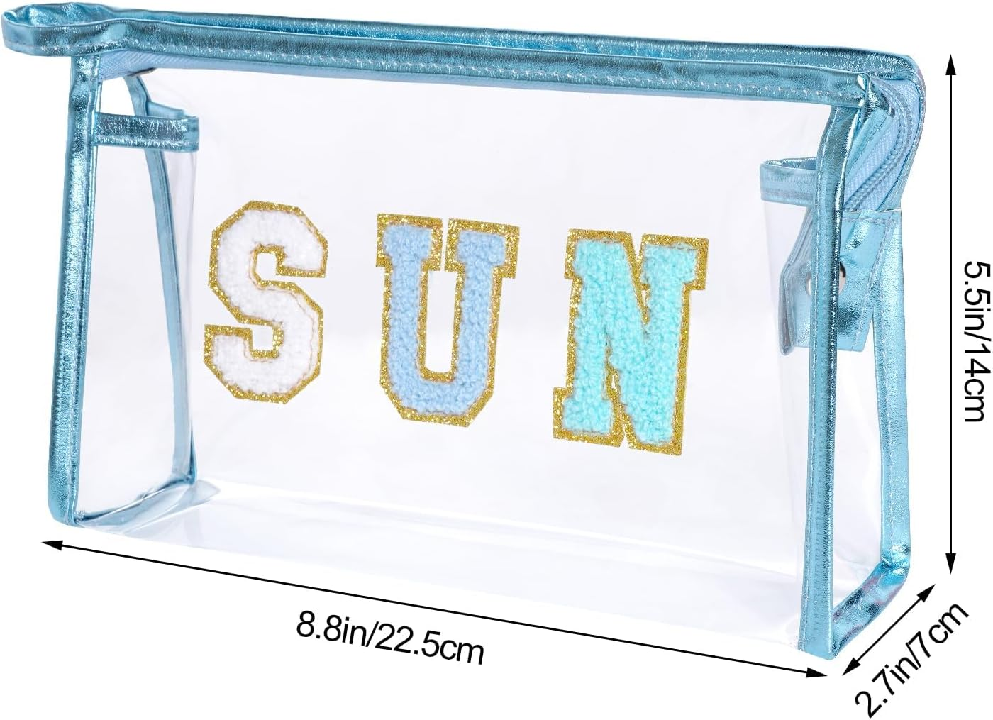Clear Preppy Patch Makeup Bag, Sun Chenille Letter Bag for Beach, Clear Pouch with Zipper, Preppy Travel Bags Clear Cosmetic Toiletry Bag for Women Girls Teens (Blue) image number 1