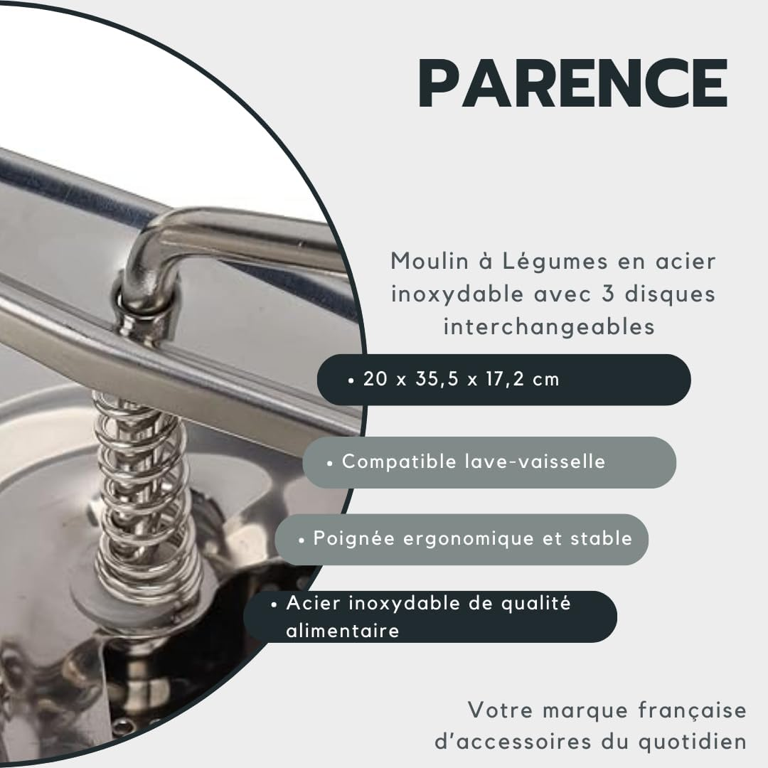 PARENCE. - Stainless Steel Vegetable Grinder with 3 Interchangeable Discs - Manual Potato Masher &Oslash;20 Cm - Kitchen Utensils for Purees, Soups, Sauces and Compotes image number 3