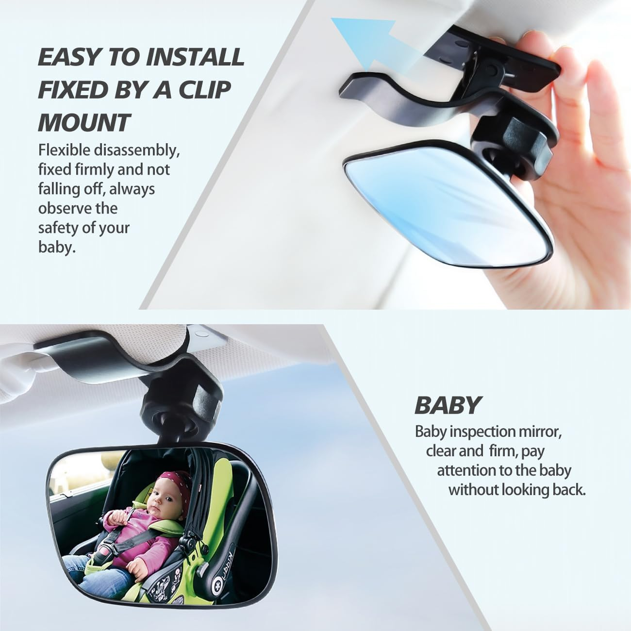 Baby Car Mirror,With Clip Back Seat Mirror to See Baby,360&deg; Adjustable Convex Mirror for Infant Backseat,Automotive Interior Rearview for Viewing Rear Baby,360&deg; Rotation,Spring Clamp,Shatterproof image number 3