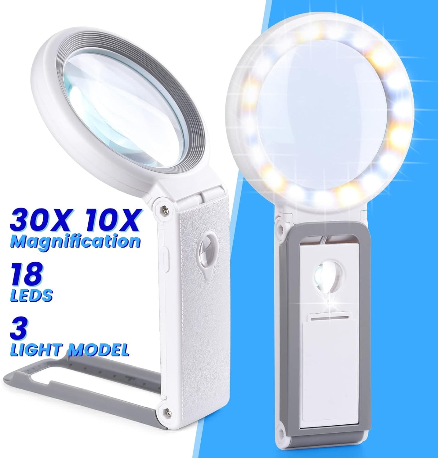 30X 10X Magnifying Glass with Light and Stand, Foldable Handheld Magnifying Glass 18 LED Illuminated Lighted Magnifier for Macular Degeneration, Seniors Reading, Close Work, Coins, Jewelry 1Pcs image number 1