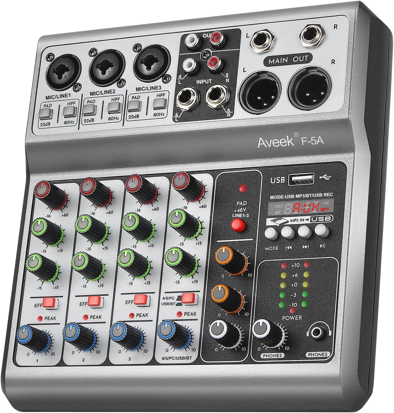 Aveek 5-Channel Audio Mixer, Sound Board Mixing Console with USB Bluetooth Reverb Delay Effect, Input 48V Phantom Power Stereo DJ Mixers for Recording, Live Streaming, Podcasting,Ak-70 image number 4