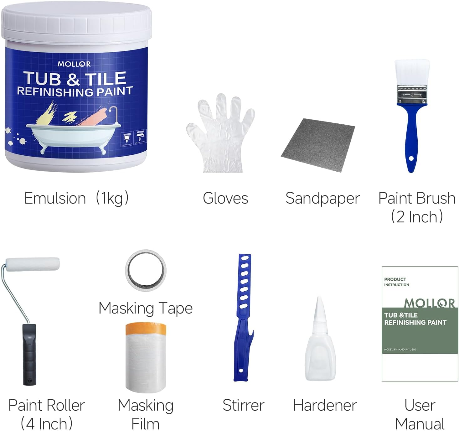 Tub and Tile Refinishing Kit with Tools, 1KG White Tile Paint Water Based & Low Odor, DIY Bathtub Paint, Easy to Use for Bathroom, Kitchen, Porcelain, Floor, Semi-Gloss White,50-60Sq.Ft image number 4