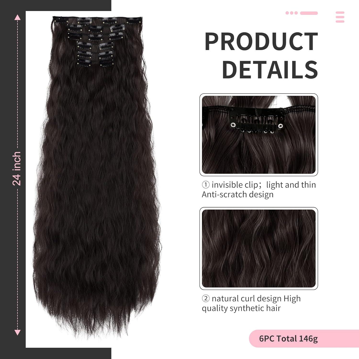 FLUFYMOOZ Clip in Hair Extensions,6Pcs Hair Extensions Long Mermaid Waves Wavy Synthetic Clip on Hairpiece for Women 24 Inch (Black Brown) image number 1