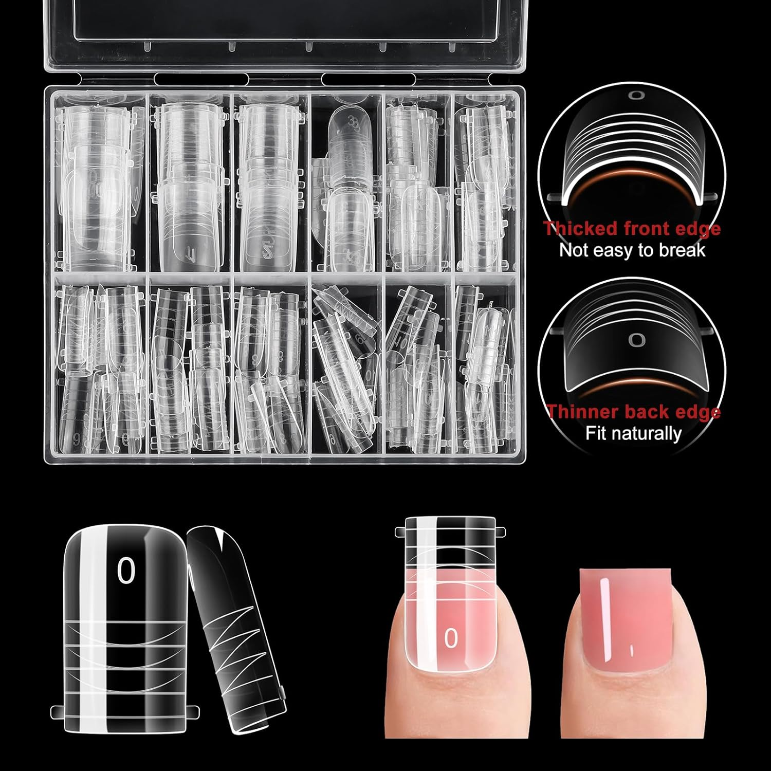 BNG Pack of 120 Poly Gel Nail Shapes for Toes, 12 Sizes, Long Square Double Shapes for Polygel Pedi Nail Extension, Poly Gel Toenails Set, Reusable Toenail Tips Shape, Clear image number 5