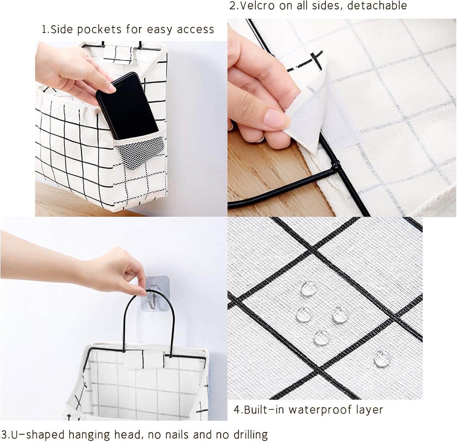 2Pcs Wall Hanging Storage Bag, MERYSAN Waterproof over the Door Closet Organizer with Metal Frame, Stylish Hanging Pocket Linen Cotton Pouch Box Containers for Bedroom Bathroom Desktop(Black/White)