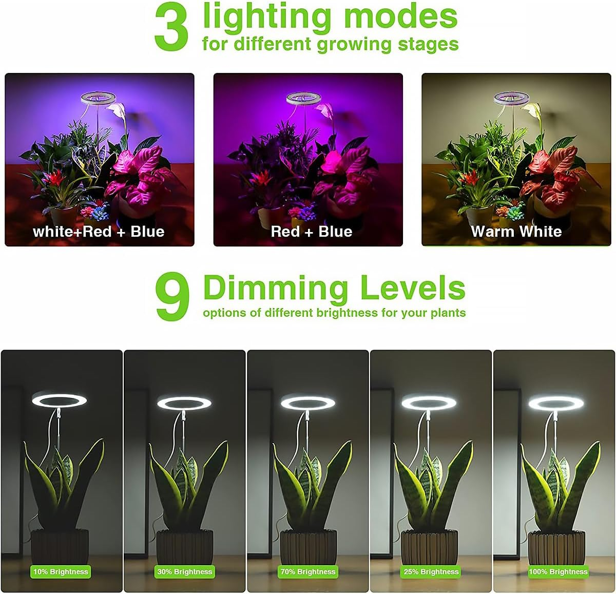 LED Grow Light for Indoor, 48 LED round Growth Light Stake with 3 Timer 3/9/12H and 9 Dimmable Levels, Height Adjustable Full Spectrum Growing Lamp (White) image number 6