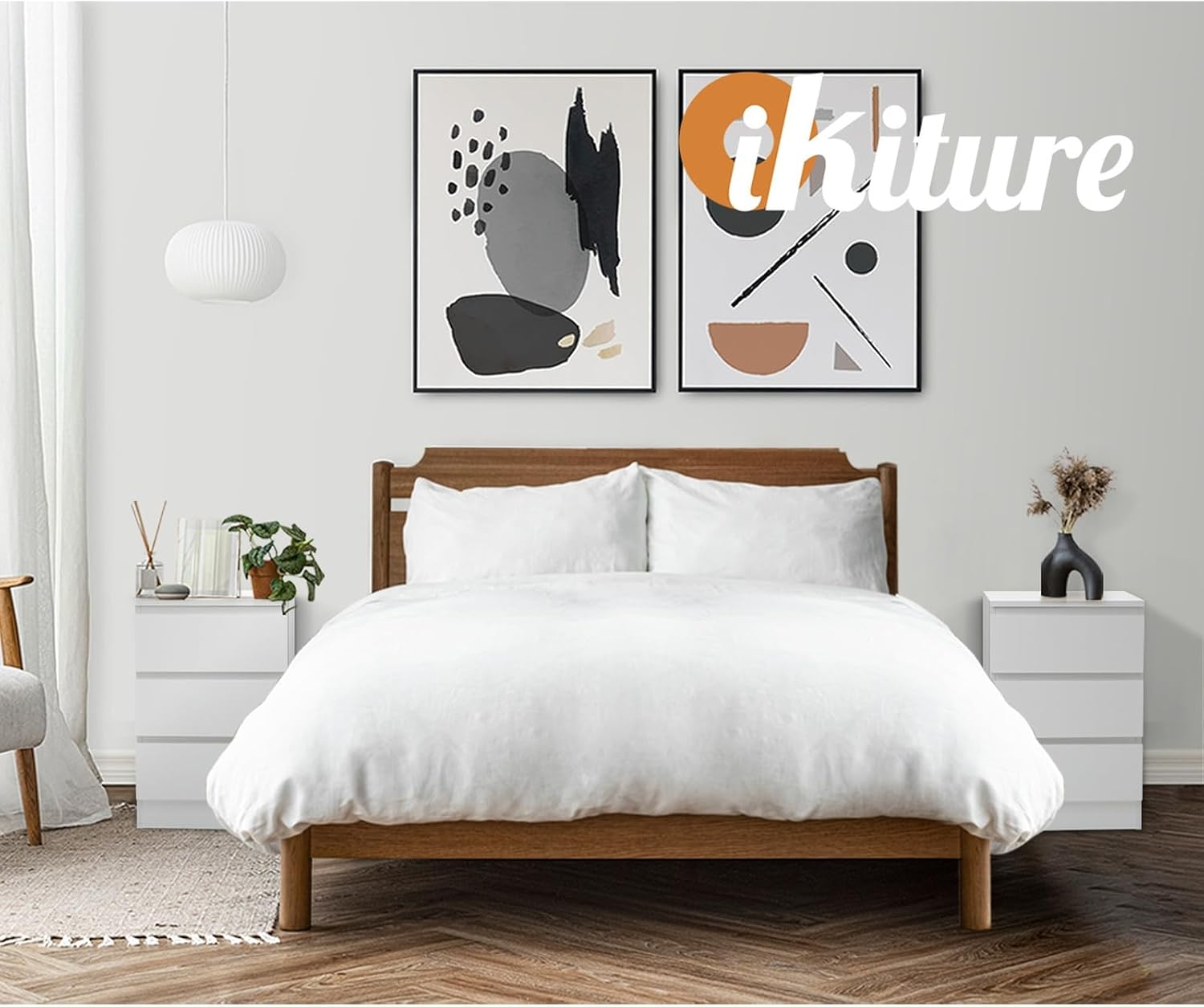 Oikiture White Bedside Table with 3 Drawers Bed Side Table image number 3