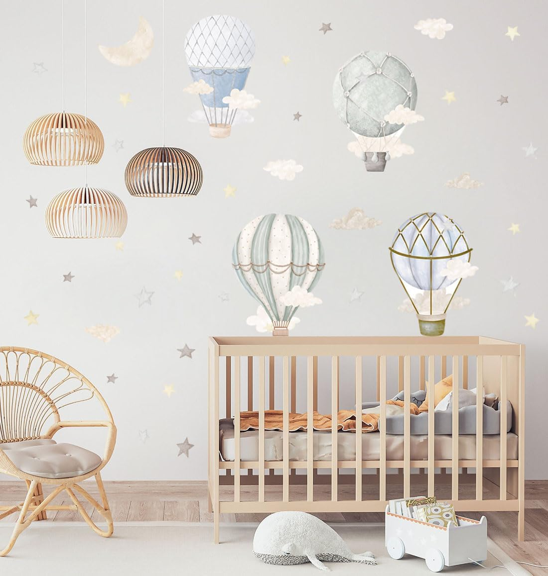 Watercolor Hot Air Balloon Wall Decals, Stars Clouds Balloon Vinyl Wall Stickers, Peel and Stick Colorful Artwork for Nursery Bedroom Toddler Room Playroom Decor image number 1