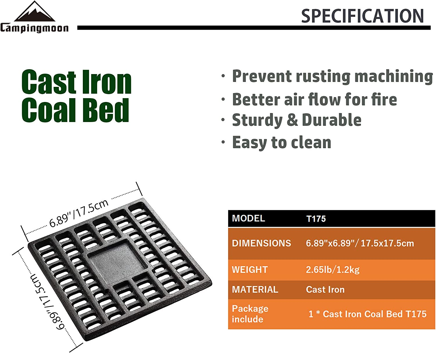 CAMPINGMOON Cast Iron Coal Bed Charcoal Fire Grate 6.89X6.89-Inch T-175 image number 6