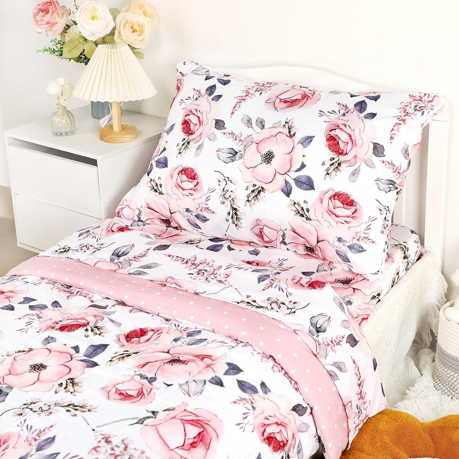 Toddler Bedding Sets for Girls, 4 Piece Soft Crib Bedding Set, Flower Toddler Girl Bed Comforter Set, Includes Pink Floral Series Comforter, Fitted Sheet, Flat Sheet and Pillowcase image number 1