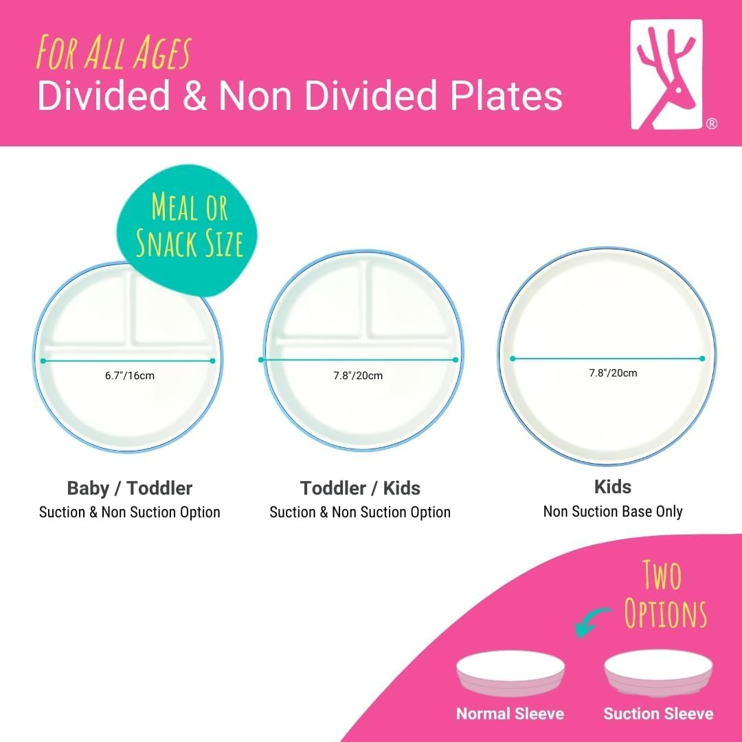 Elk and Friends Kids 6.7&rdquo; Porcelain White Divided Plates with Silicone Sleeves | Suitable for Babies/Toddlers | Microwave & Dishwasher Safe | Non Slip Dinnerware | Snack Dishes | 4 Pack image number 5