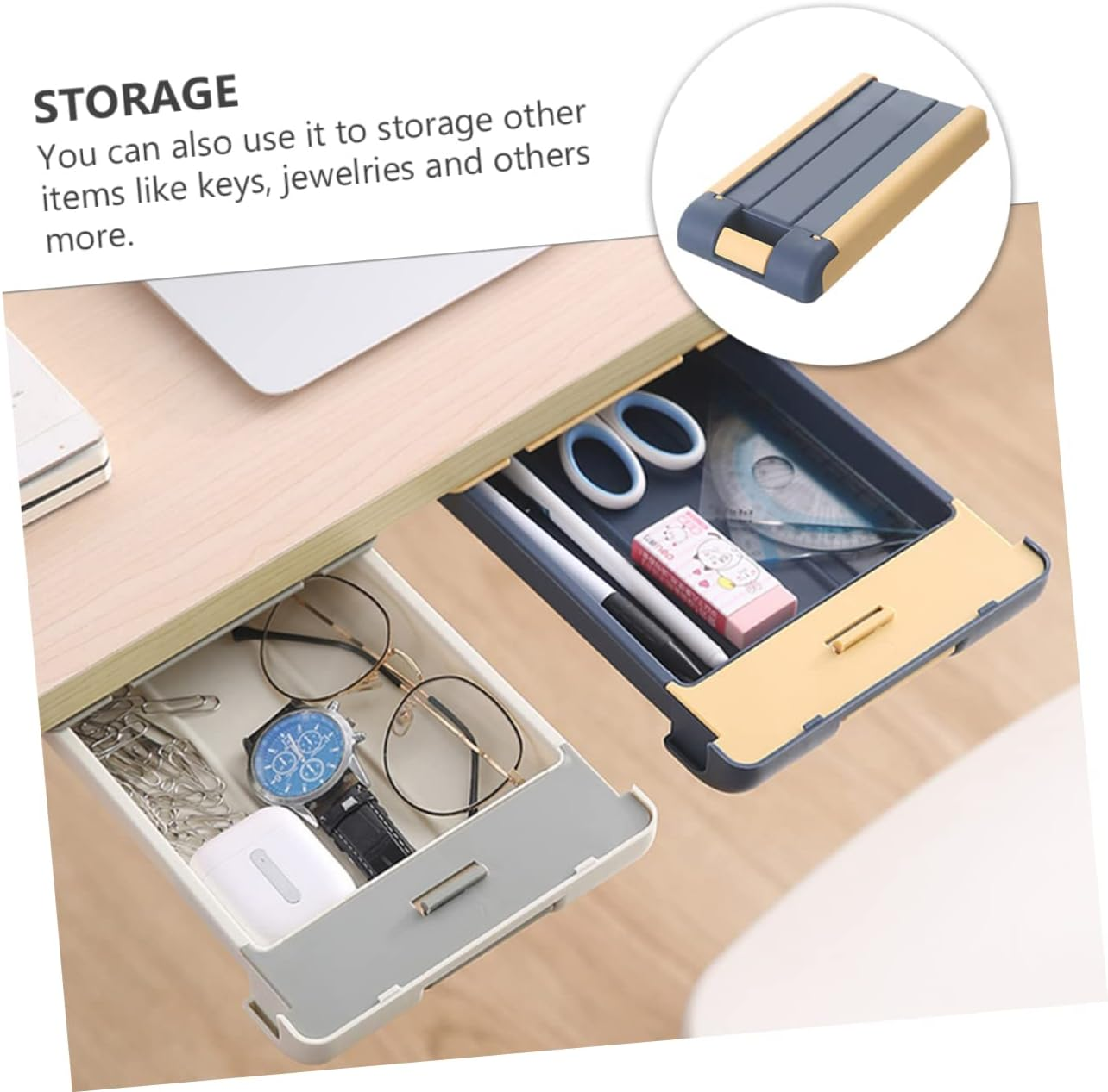 Drawer Key Box - Blue Abs Desktop Organizer Storage Box for Easy Access to Keys and Stationery under Desk - Compact Hidden Design for Office and Home Use image number 6