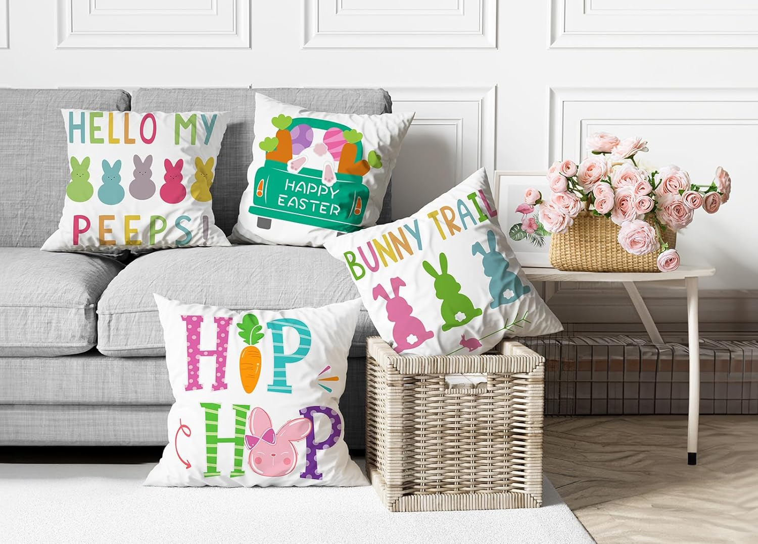 Minetom Easter Pillow Covers 18X18 Set of 4 Easter Decorations for Home Bunny Truck Hello Peeps Hip Hop Colorful Pillows Easter Decorative Throw Pillows Spring Easter Farmhouse Decor image number 4