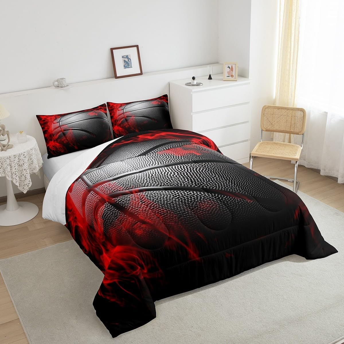 Homewish Basketball Comforter Set King Size Black Basketball Print Bedding Set 3Pcs for Kids Boys Girls Teens Adults Gamer Bedroom Decor,Ball Gaming Sports Theme Duvet Insert with 2 Pillowcases image number 4