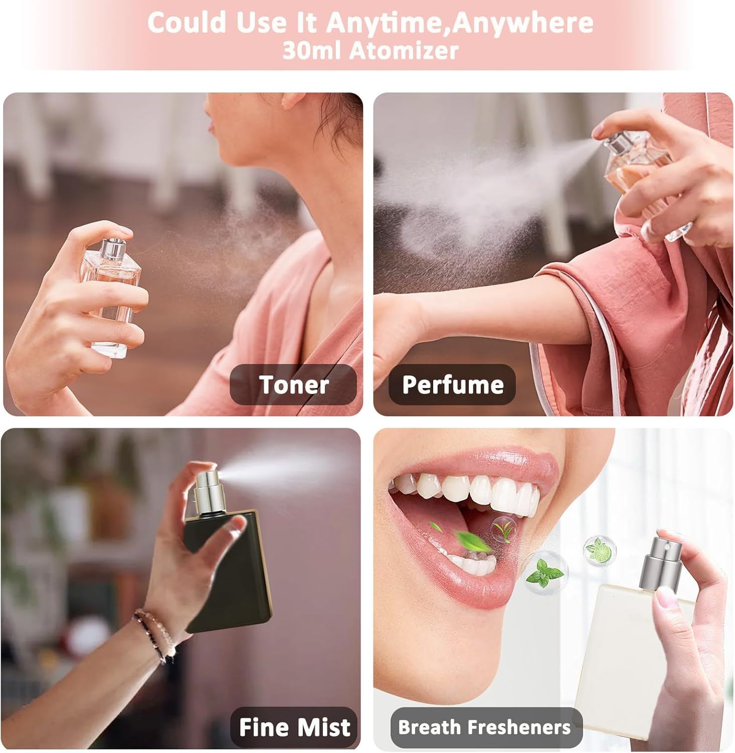 XUSSMM Pack of 3 Refillable Perfume Atomisers, 30 Ml Empty Perfume Bottle with 3-Colour Rectangular Lid, Portable Spray Bottle with Practical Accessories for Perfume, Travel, Cosmetics (30 Ml) image number 5