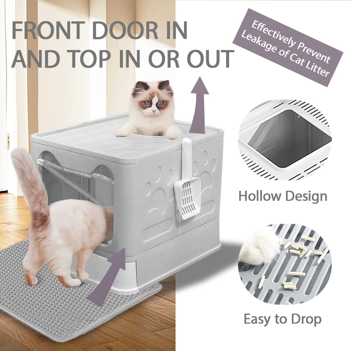 Blissify Enclosed Stainless Steel Litter Box, Large Kitty Litter Tray with Scoop & Drawer Design, Foldable Pet Toilet Box with High Sided, Anti-Leakage, Non-Sticky, Easy Cleaning, Grey image number 1