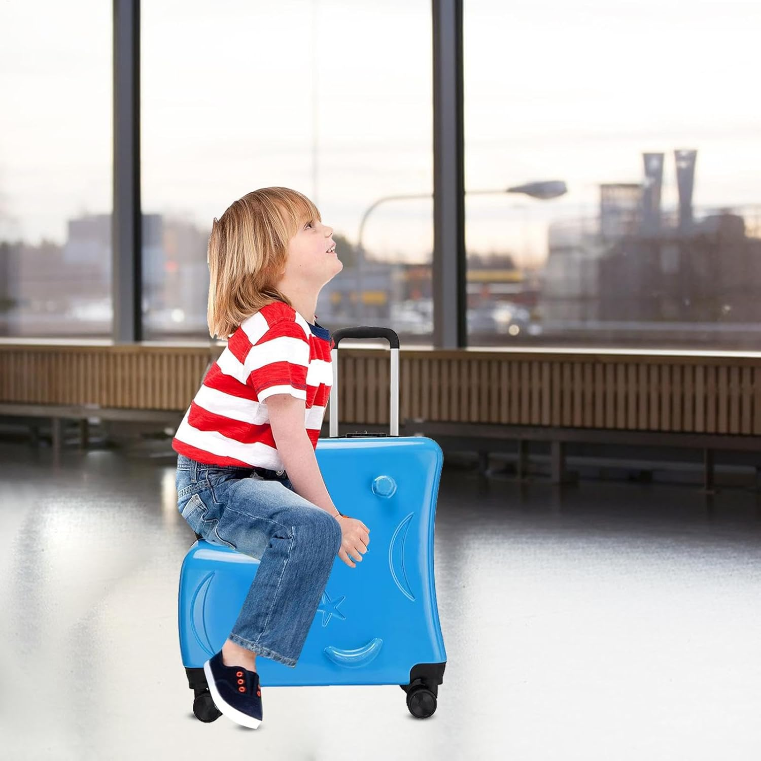 Riding Luggage for Kids - Interactive Tram Suitcase | Malima 20 Inch with Secure Lock, Seat Belt, Handlebar and Foot Rest - Fun and Practical Luggage for Traveler, Lake Blue, Consulte La Descripci&oacute;n