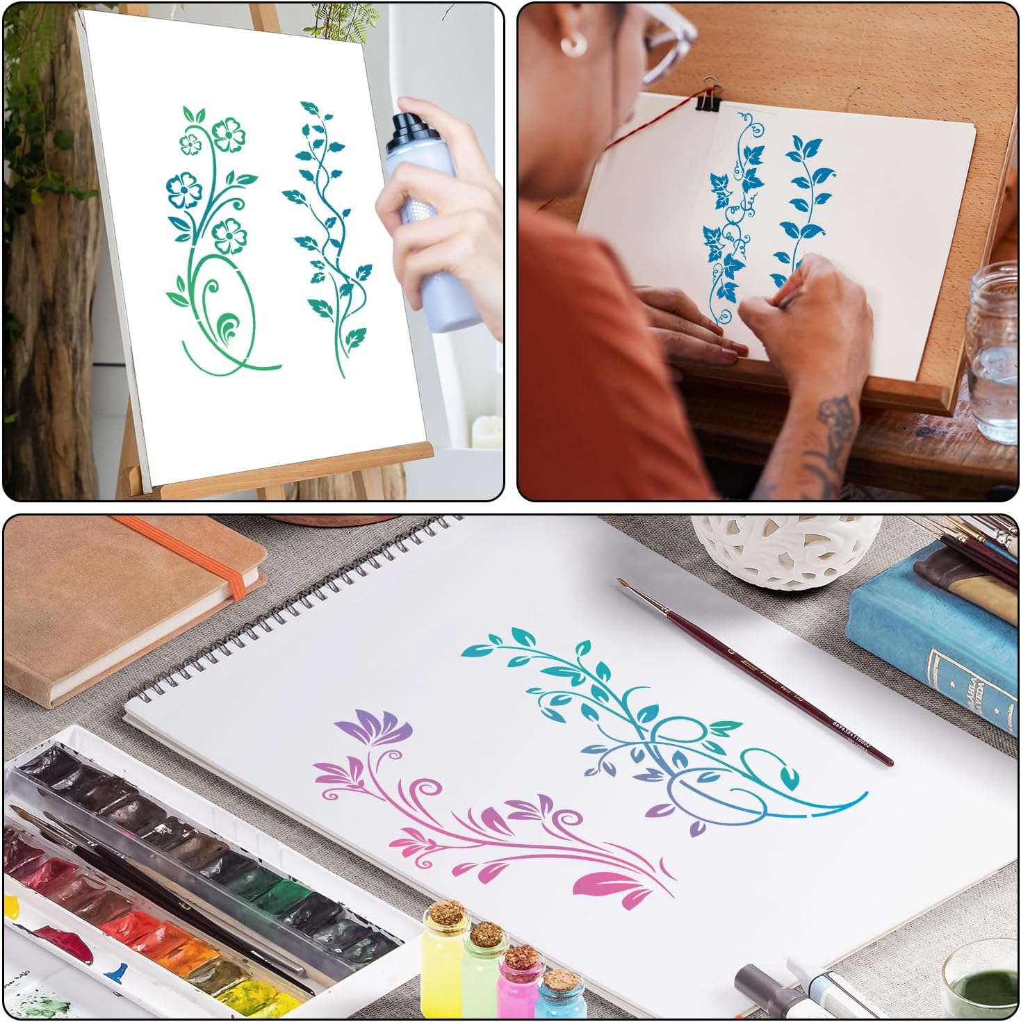 12Pcs Leaf Vine Stencils, Leaves & Flower Stencil Reusable Floral Stencil Spring Drawing Templates for Painting on Walls DIY Craft Canvas Home Decor Wall Art