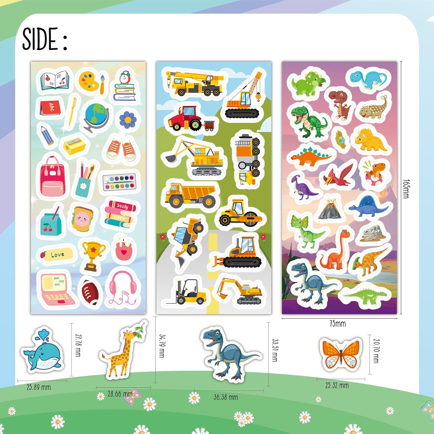 460Pcs Stickers for Kids, 24 Sheets Mixed Water Bottle Vinyl Stickers Pack for Kids with Cute Animals, Cars,Excavator,Stationery, Fruit, Poultry, Dog, Dinosaur, Butterfly, Cake, Ocean, Cat Sticker image number 5