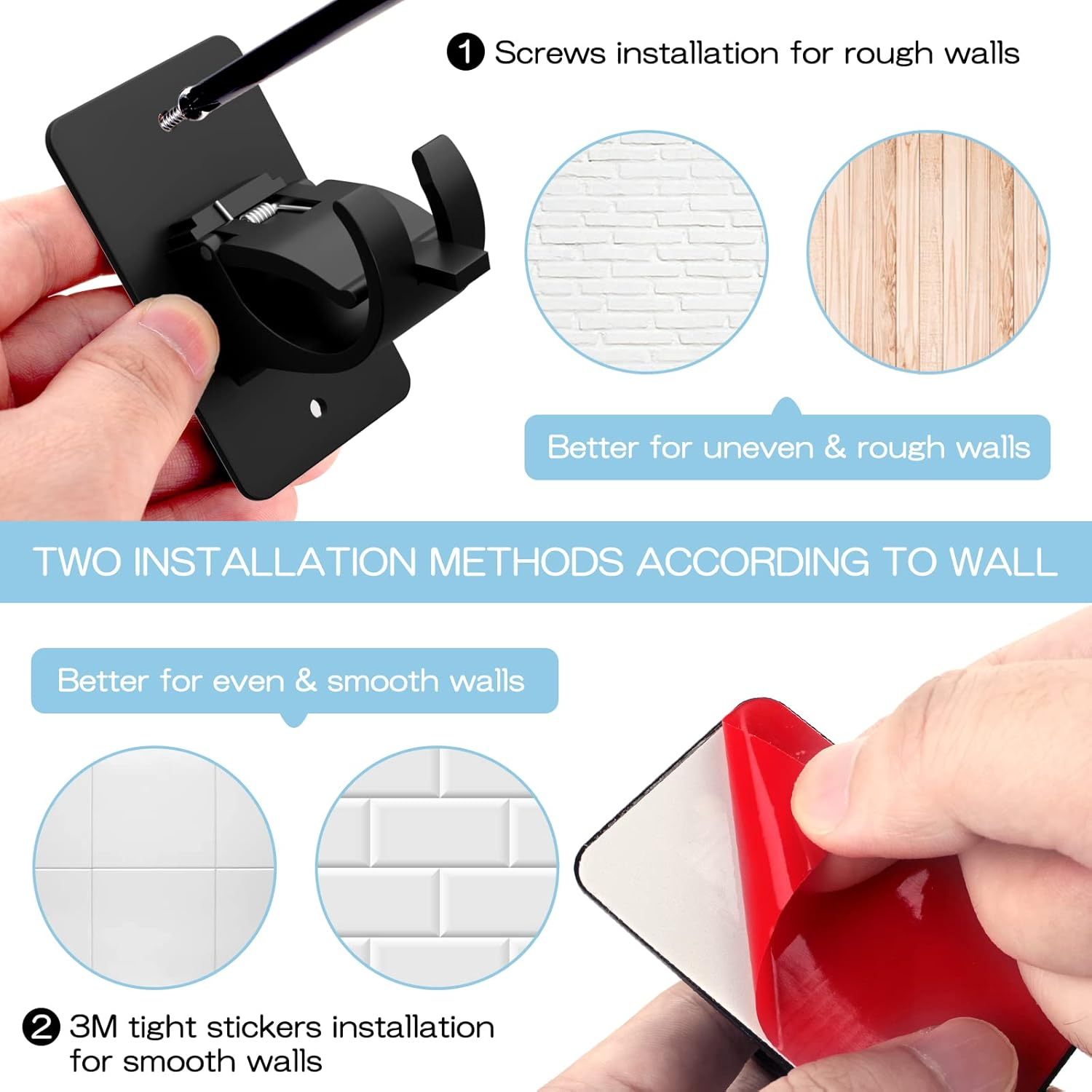 AMZONHOME 8 Pieces Self Adhesive Curtain Rod Bracket, Universal Plastic Curtain Rod Holders, No Drill Curtain Rod Brackets Curtain Rod Hooks for Bathroom, Bedroom, Livingroom, Kitchen (Black)