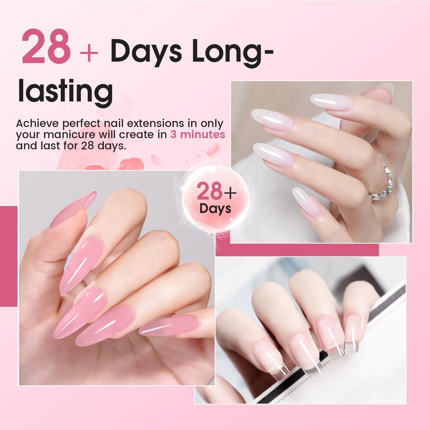 JEWHITENY Clear White Pink Poly Extension Gel Nail Set with Base and Finish for Finger Art and French Manicure Diy at Home, Needs Uv Lamp Healing