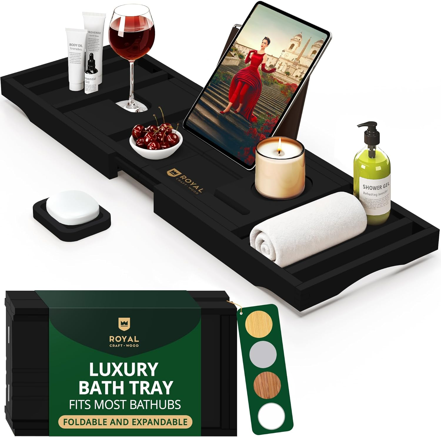Royal Craft Wood Premium Foldable Bathtub Tray - Wood Bath Tray for Tub, Bamboo Shelf, Expandable Bath Table Trays, Bathtub & Bathroom Accessories for New Home & Mothers Day & Birthday Gifts for Mom
