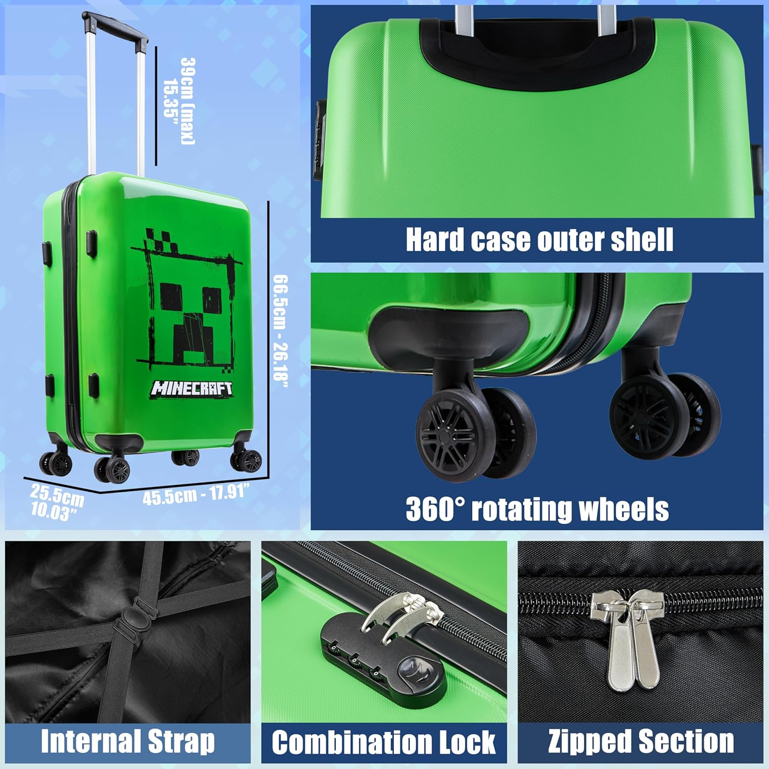 Minecraft Suitcase for Kids Teens Creeper Hard Shell Luggage Rolling Suitcase 4 Wheels & Extendable Handle Travel Essentials for Vacations Trips (Large Green, 26.18" - 46L)