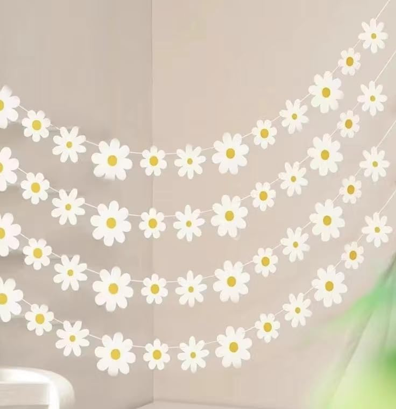 4 Packs Daisy Banner Garland Groovy Hippie Boho Birthday Party Decoration Banner Daisy Party Decoration Hanging Banner Flower Birthday Banner Daisy Paper Cutouts for Girl Birthday Decoration image number 5
