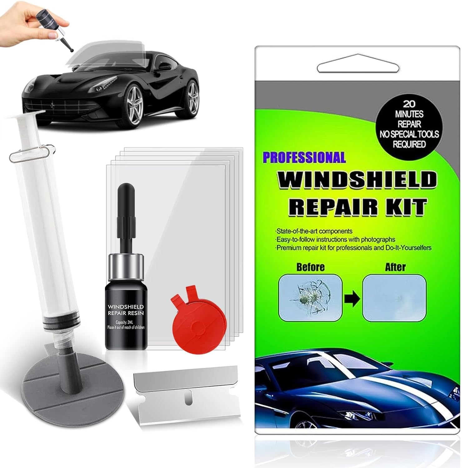 Windshield Crack Repair Kit, for Bulls-Eyes, Half-Moon, Cobweb, Star and Long Line Cracks - DIY Glass Repair Tool Kit with Resin, Syringe, Curing Films image number 3