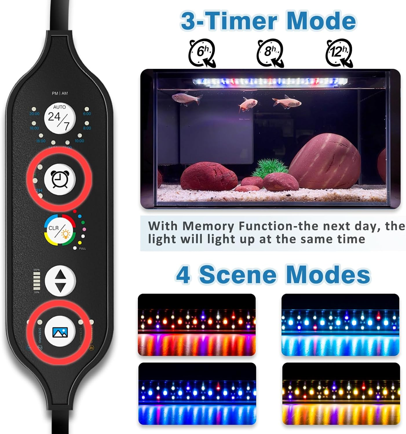 Driamor Submersible Aquarium Light, 38 CM Fish Tank Light with 60Pcs LED Beads IP68 Waterproof Brightness Adjustable RGB LED Lamp with Timer Mode, 24/7 Auto Cycle Mode, 4 Scenes Mode and 7 Colors Mode image number 5