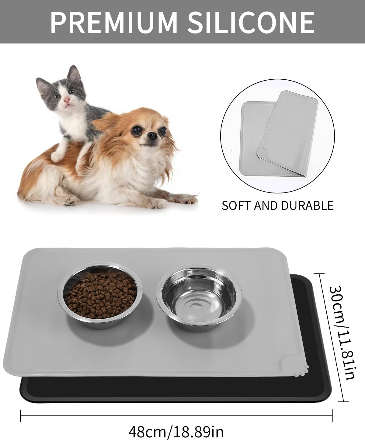 Set of 2 Bowl Mat for Dogs and Cats, 48 X 30 Cm (Black and Grey), Waterproof and Non-Slip Silicone Feeding Mat, Feeding Mat, Non-Slip Pet Feeding Mat for Feeding Bowls Placemats image number 1