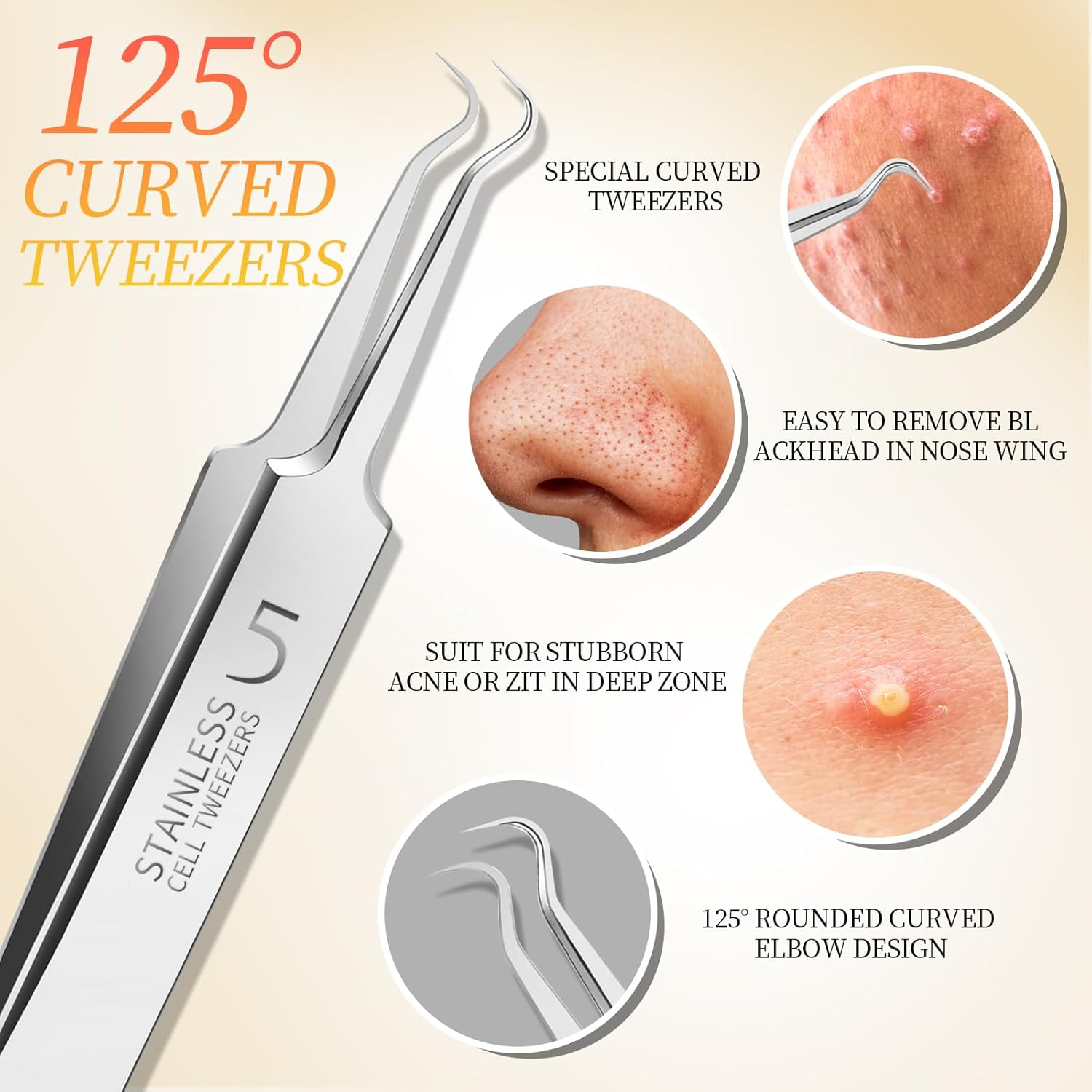 Teenitor 4 Pcs Professional Blackhead Tweezers and Pimple Popper Tool Kit, Stainless Steel Cell Tweezers for Blackhead, Pimple, Whitehead, Ance image number 6