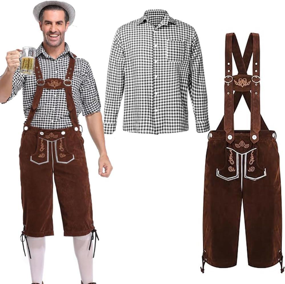 Slowton Oktoberfest Costume for Men - 2PCS Men Lederhosen Set with Suspenders and Shirt Adult German Bavarian Brown Lederhosen Outfits for Halloween Dress up Party Beer Festival Costume image number 3