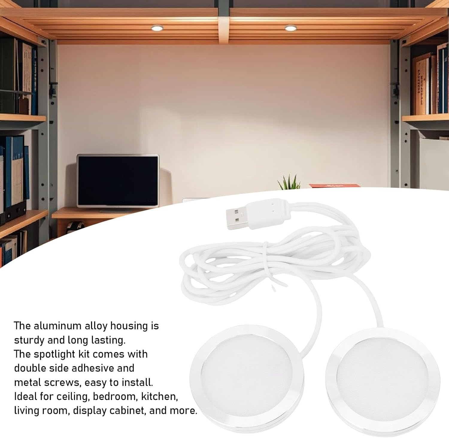 Under Cabinet Light, 5V USB Powered Dual Heads round LED Spotlight, Mini Ultra Slim under Counter Lights Display Lighting for Kitchen, Living Room, Cabinet, Bookcase image number 3