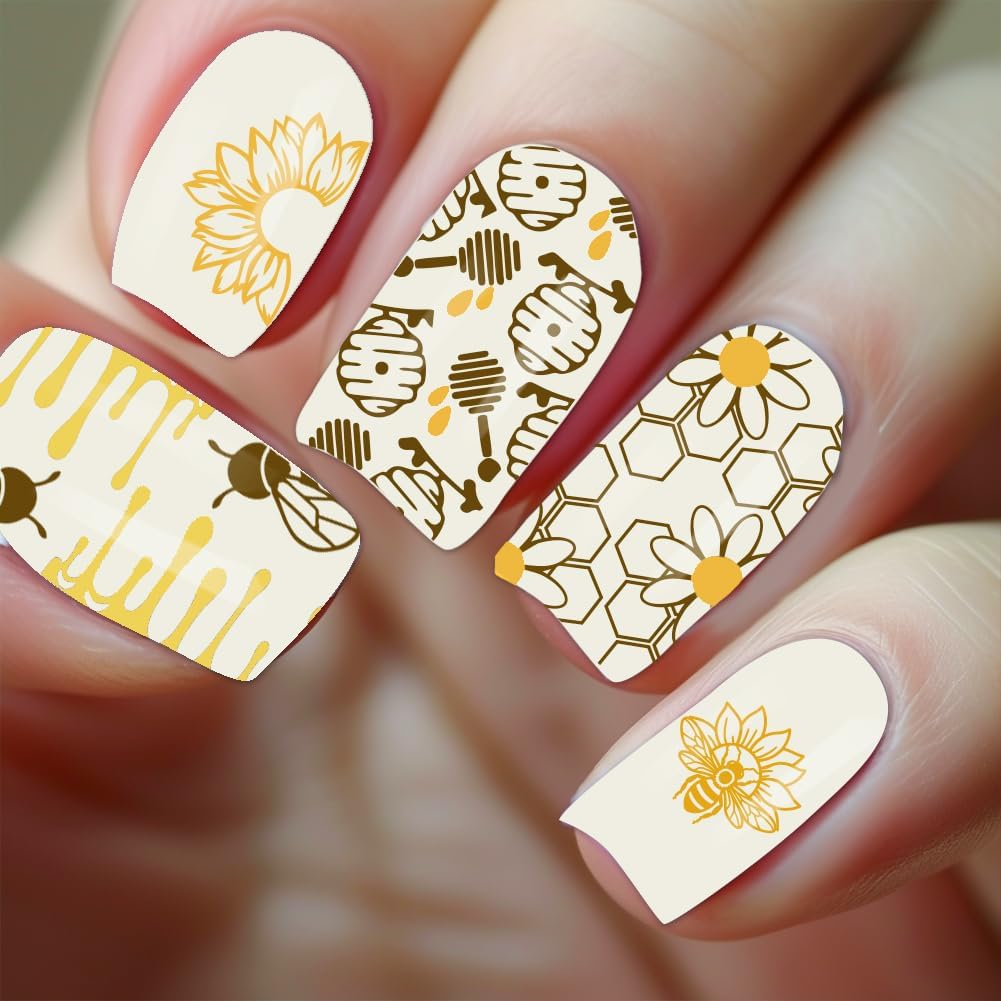 Beinkmake 3Pcs Bee Nail Stamping Plate Flowers Honeycomb Nail Art Stamp Templates Stainless Steel Reusable Tools with Stamper Scraper for Manicure Printing image number 3