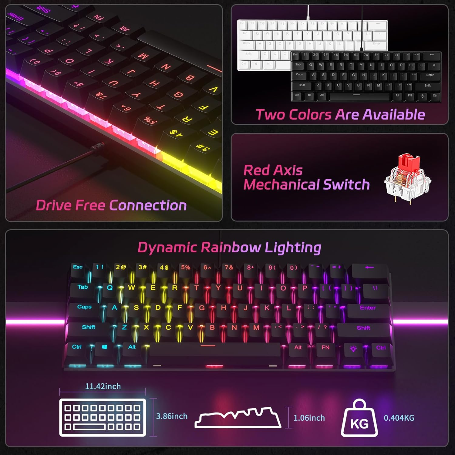 Smliekate 61-Key Mechanical Keyboard, Red Axis Compact Mini Wired Keyboard, 17 Kinds of Colorful Backlight Effect, for PC, Mac E-Sports Portable. (Black) image number 2