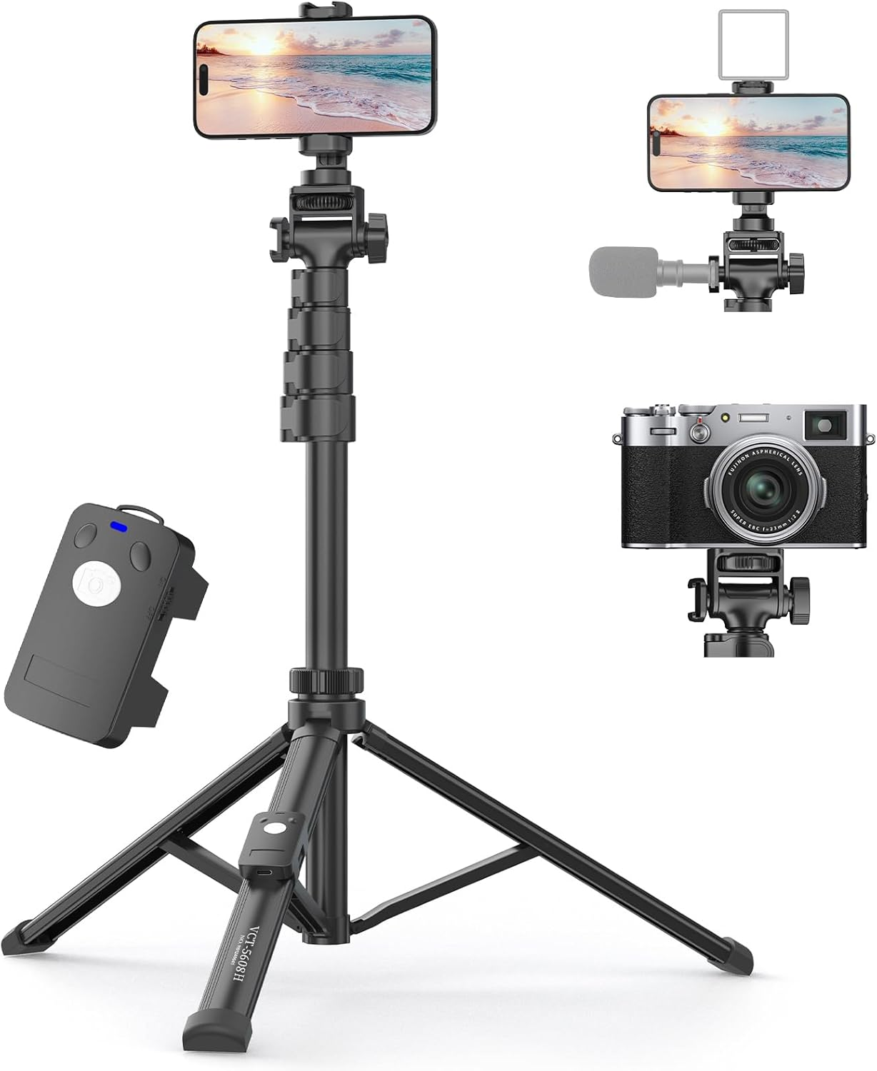 XXZU 67"/170Cm Phone Tripod,Camera Tripod Stand with Remote and Phone Holder, Premium Aluminum, Extendable, Lightweight Selfie Stick Travel Tripod for Iphone/Android Phone/Camera/Webcamera image number 5