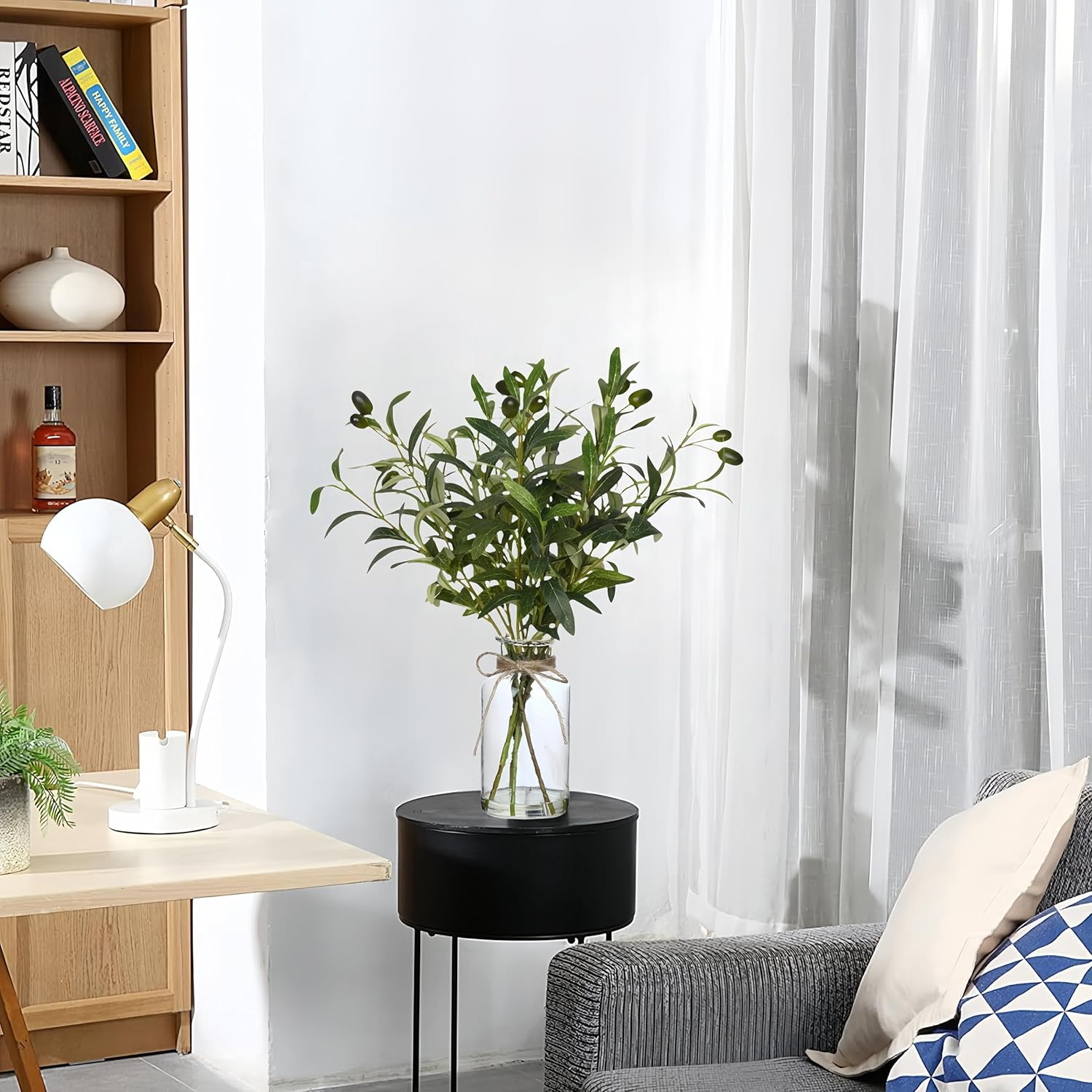 Avoik Artificial Plants Olive Branch in Glass Vase, 14.5&rdquo; Fake Plant Greenery Stems with Olive Branches Faux Eucalyptus Stems for Home Office Farmhouse Wedding Table Centerpiece D&eacute;cor image number 5