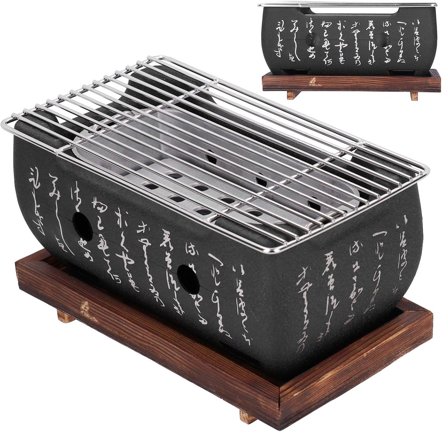 9.7 Inch Portable Barbecue Grill, Japanese Design with Wooden Base Plate, Even Heating, for Home Outdoor image number 2
