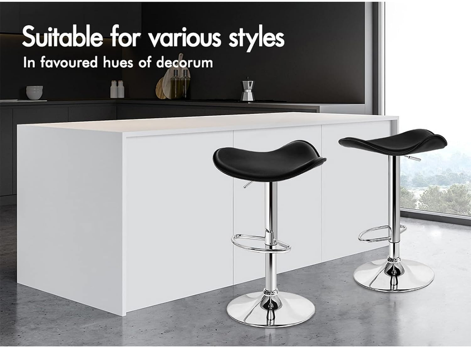 ALFORDSON 2Pcs Bar Stool PU Leather Kitchen Barstools with Swivel Backless Seat in 54-74.5Cm Adjustable Height Counter Dining Chairs with Footrest & Floor Protector (Portia Black) - 2 X Portia Black image number 2