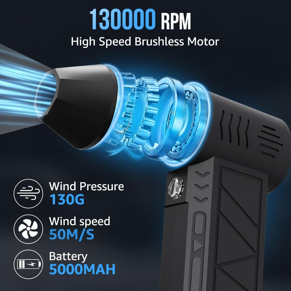 AUTOWT Electric Air Duster, 130000RPM Portable Rechargeable Cordless Air Blower with LED Light and 2 Nozzles, 4-Speed Adjustable, for Computers Car Keyboard Electronics Cleaning image number 5