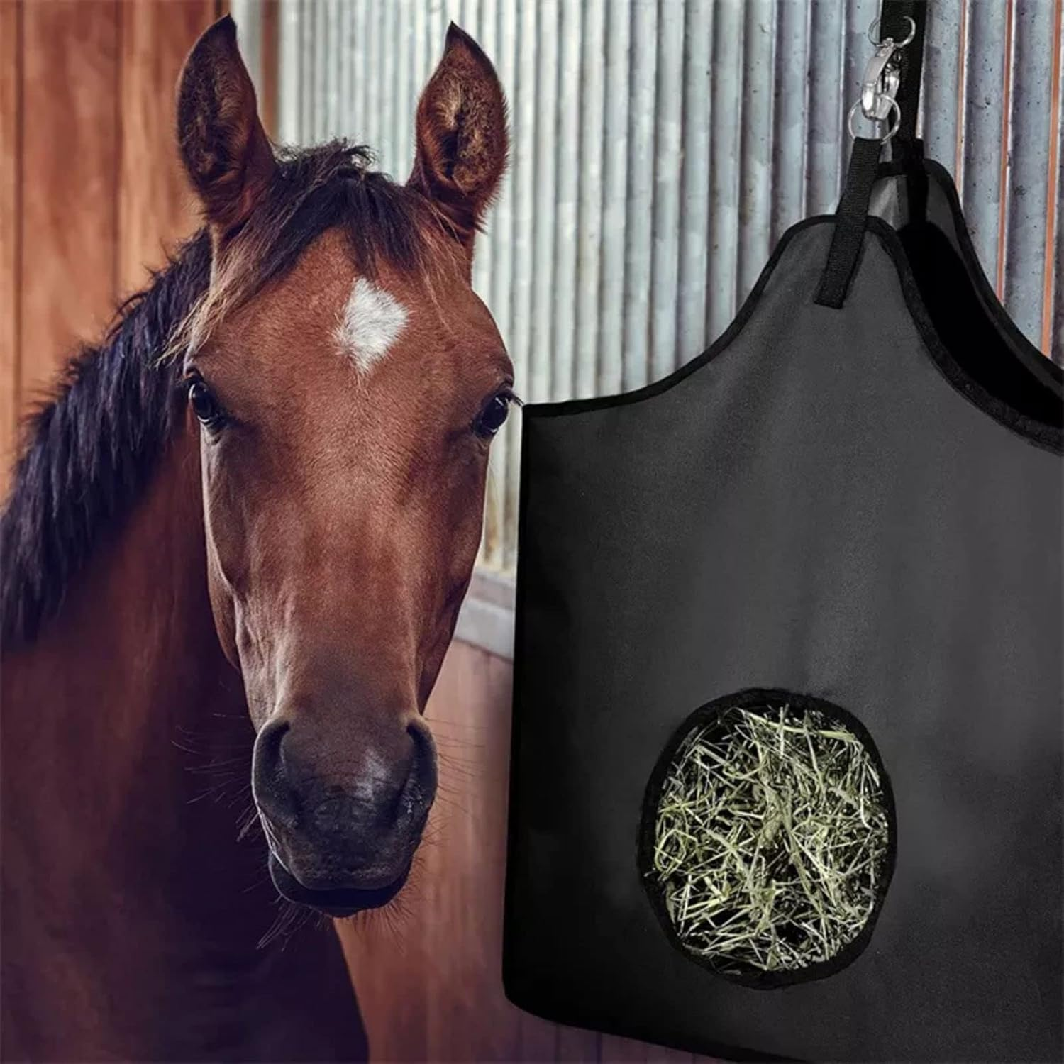 TNBUENO Slow Feeder Hay with Metal Snap Fastener, Hanging Hay Feeder Sack Storage Bag for Horses Goat Cattle Equine Stalls Barn Supplies image number 2